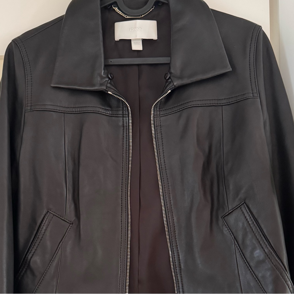 Boss Black Leather Jacket With Brushed Silver Chain Detail